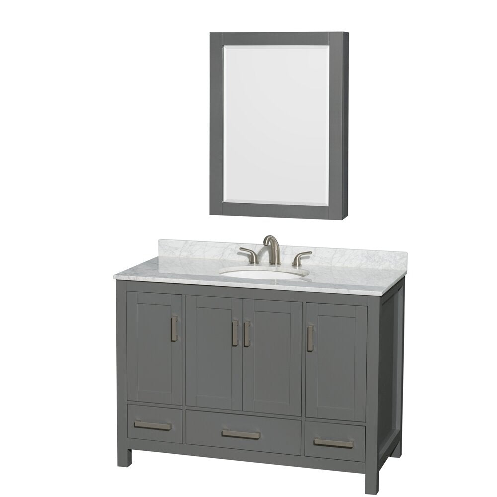 Modern 48-inch freestanding single-sink bathroom vanity in gray solid wood with a stone top, undermount ceramic sink, brushed metal faucet and hardware, three bottom drawers, four cabinet doors and a matching framed mirror.