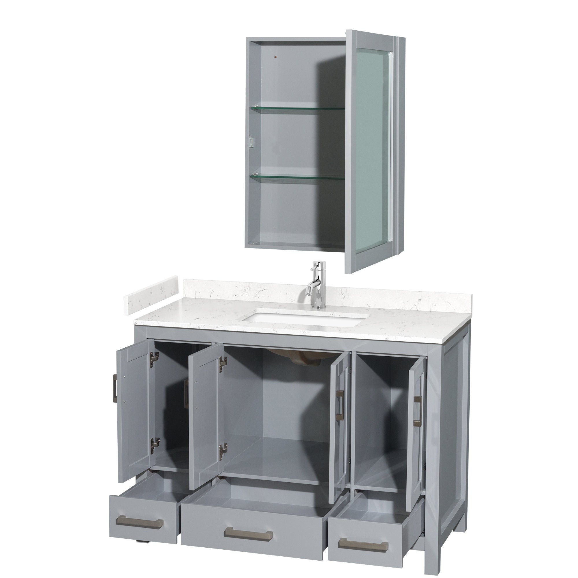48-inch modern gray solid-wood bathroom vanity with white stone countertop and integrated rectangular single sink, chrome faucet, open lower cabinets and drawers, plus matching wall-mounted mirrored medicine cabinet with glass shelves.