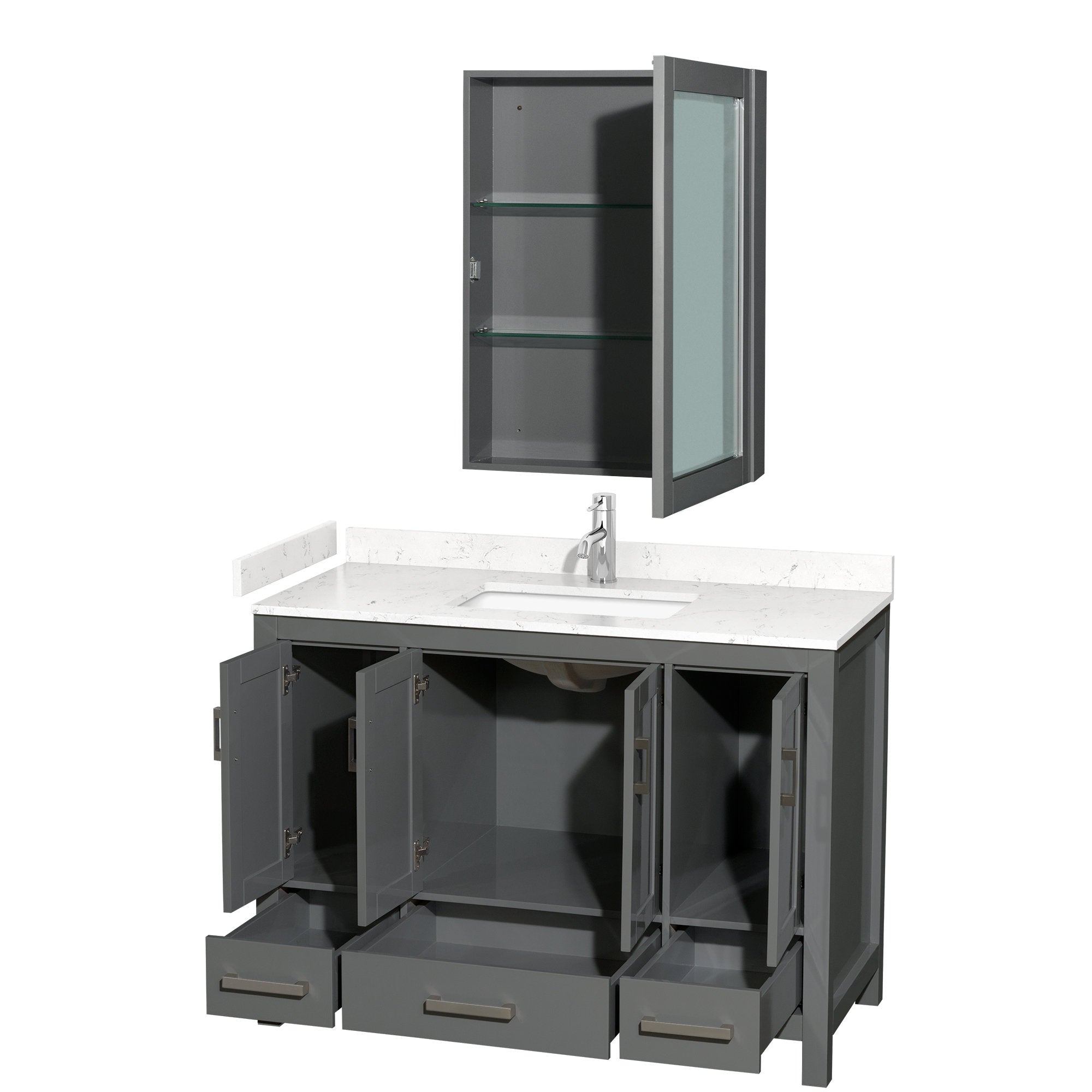Freestanding 48-inch modern gray solid wood bathroom vanity with white stone marble-look countertop and integrated rectangular sink, chrome faucet, open cabinet doors and three drawers, plus matching wall-mounted mirrored cabinet with glass shelves.