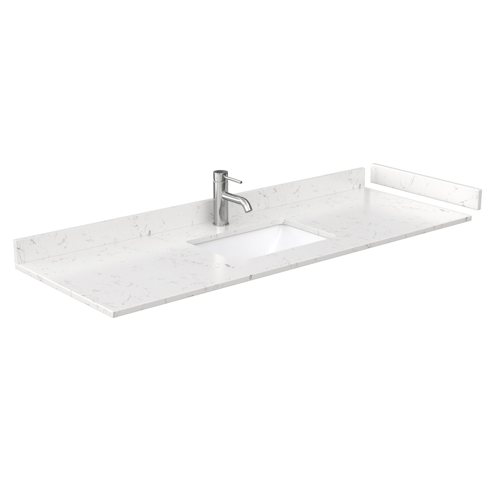 60-inch stone-look vanity top in a stone finish with subtle gray veining, rectangular integrated sink, single-hole chrome faucet and matching low backsplash for a modern bathroom vanity.