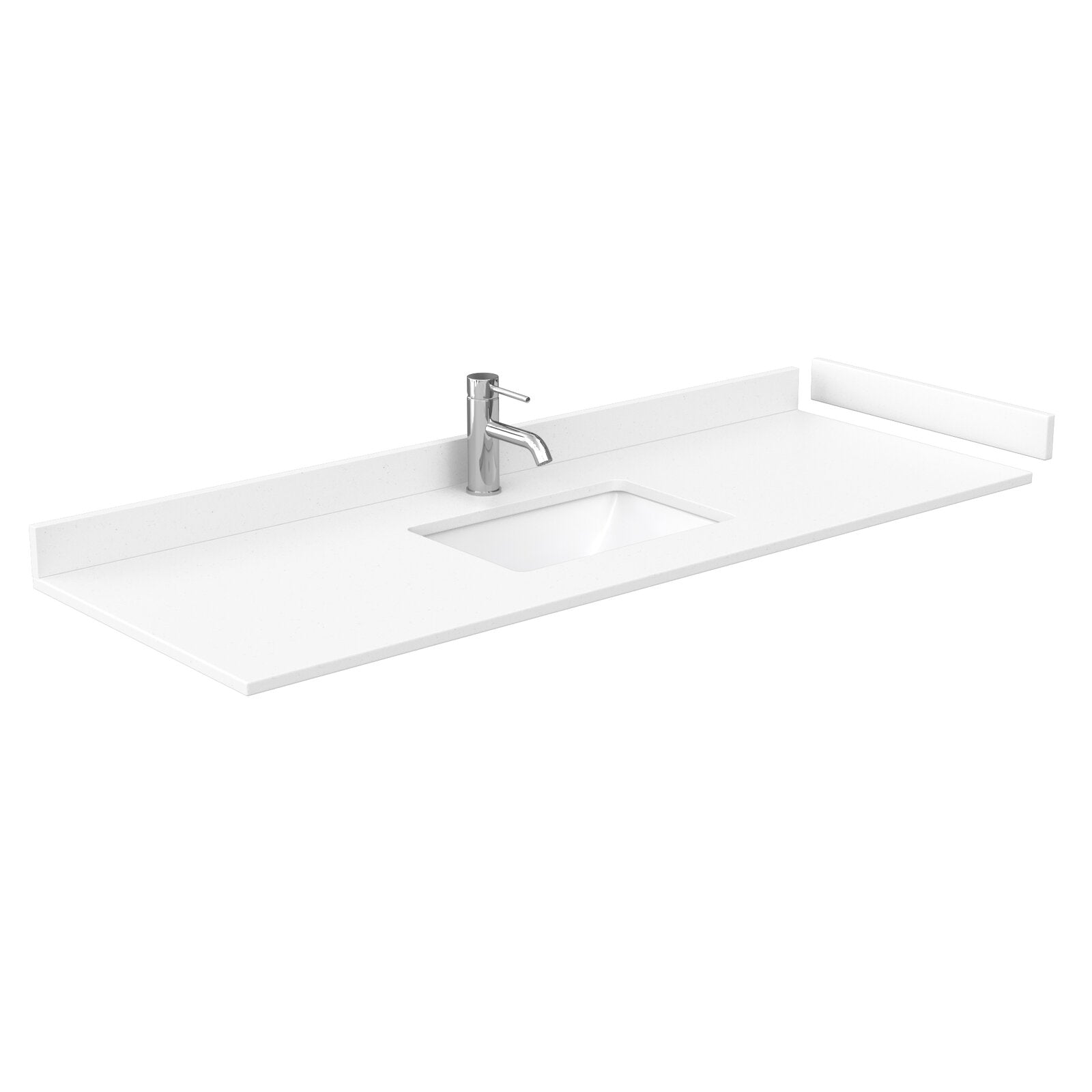 Stone-colored 60-inch vanity countertop with integrated rectangular white sink, single chrome faucet, low rear backsplash and short right end splash in a clean modern style.
