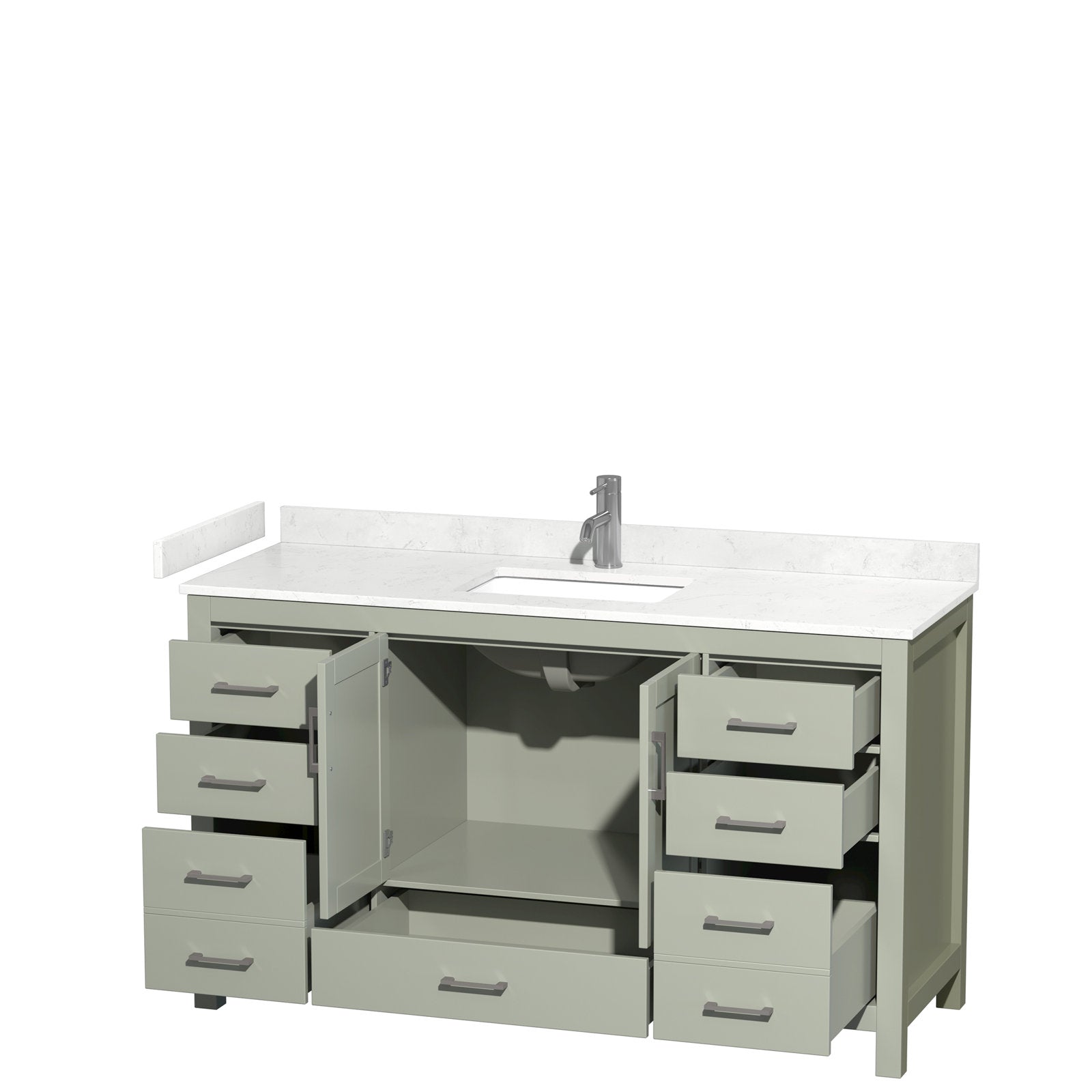 60-inch modern single-sink bathroom vanity with white stone countertop and integrated rectangular sink, stone-gray solid wood base with open central cabinet, multiple drawers and brushed metal handles.