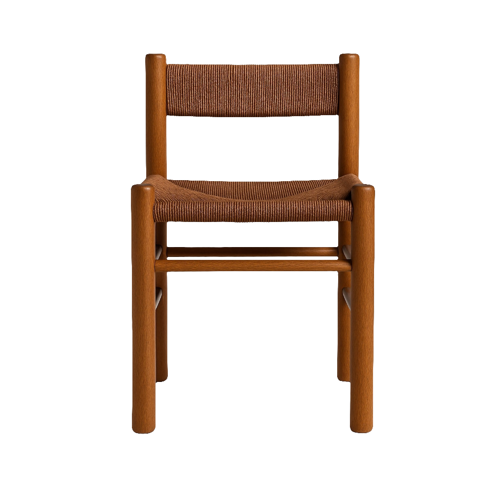 Front view of an armless teak dining chair with a woven natural rope seat and low back on a solid wood frame in warm teak finish.