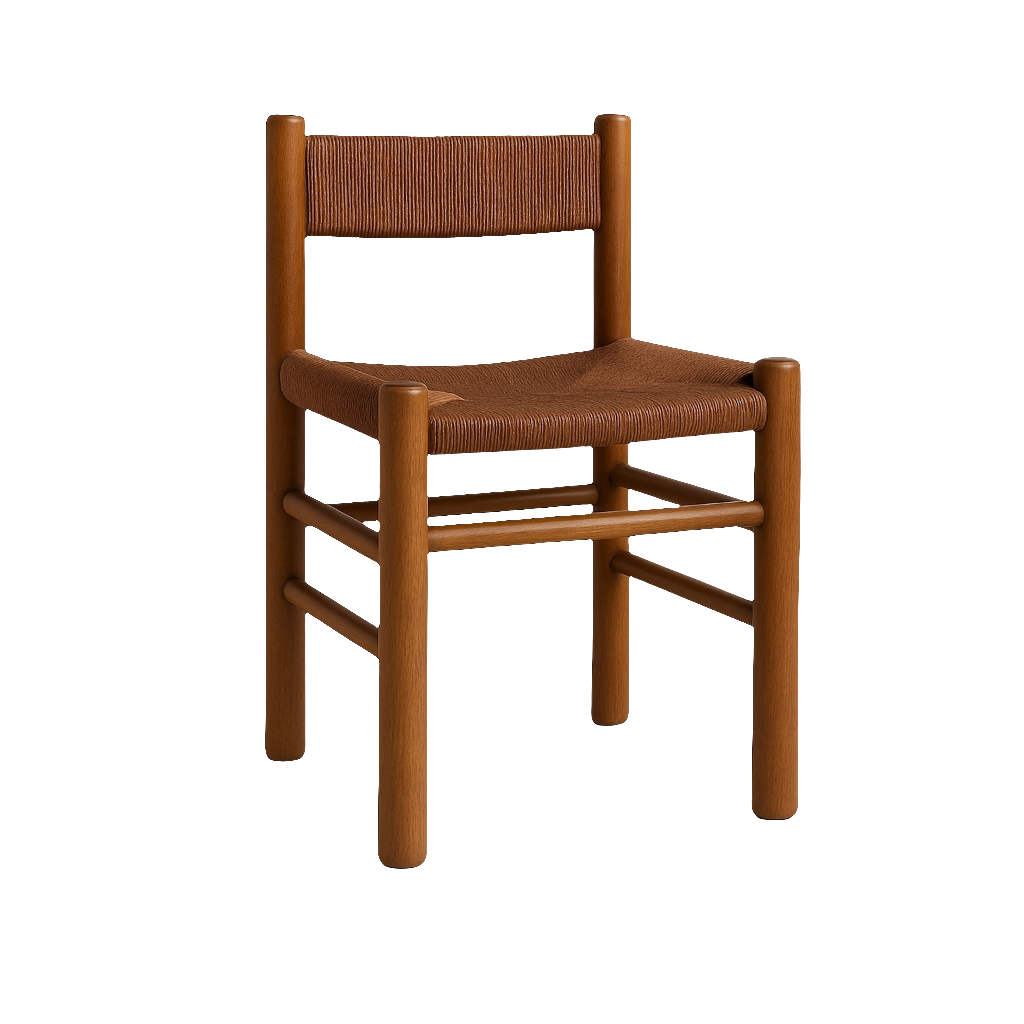 Armless coastal teak dining chair with rounded solid-wood frame and hand‑woven brown rope seat and low rope backrest, finished in a warm teak tone against a white background.