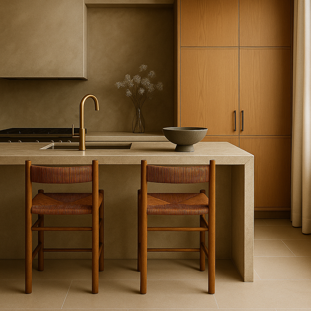 Two armless teak dining chairs with woven rope seats and low backs tucked under a light stone kitchen island, warm natural teak finish and coastal-inspired styling next to matching wooden cabinetry.