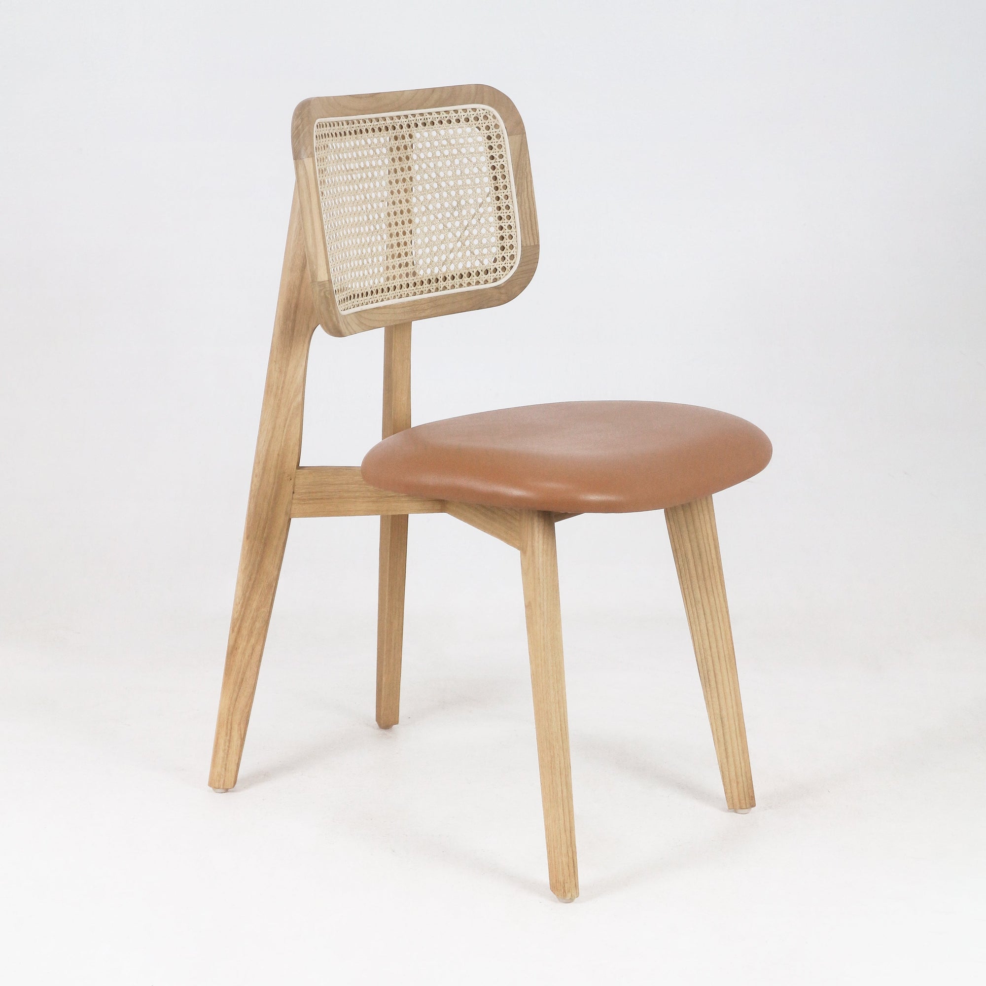 Abode Dining Chair with Rattan Backrest with Tan Leather Seat - INTERIORTONIC