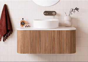 Mussomeli Bathroom Vanity Fluted Teak with Ceramic Bowl and Surface - INTERIORTONIC