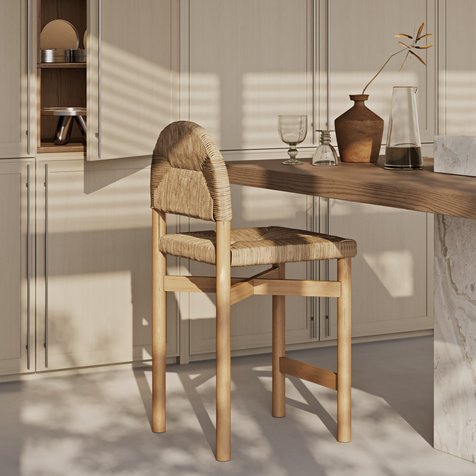 Sarande Thekenhocker aus Teak und Seegras - INTERIORTONIC